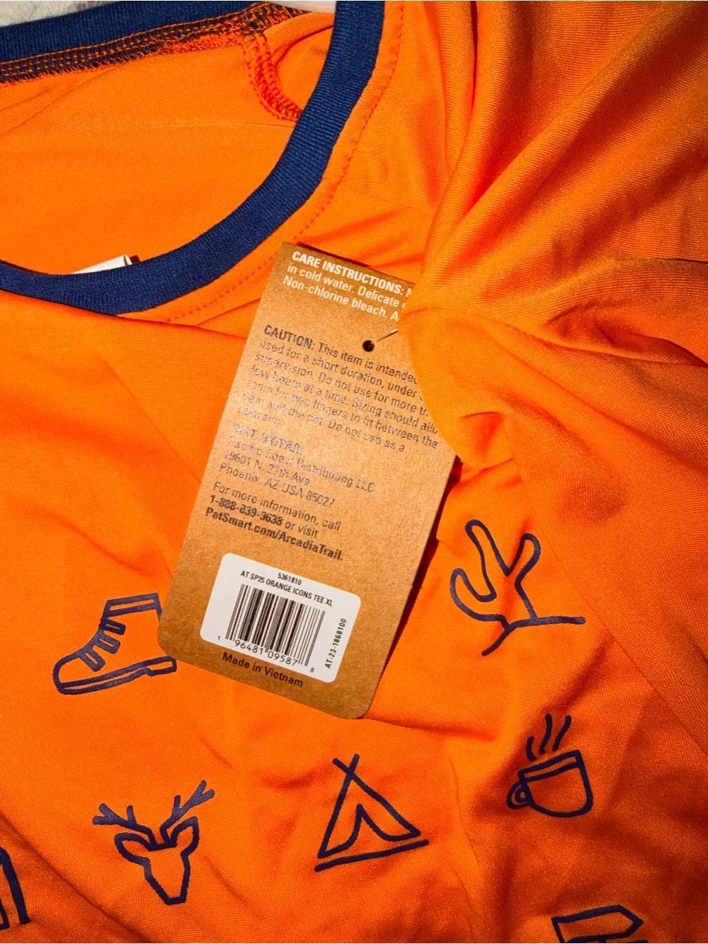 Arcadia Trail Orange dog Tee with Navy Trim and Adventure Icons